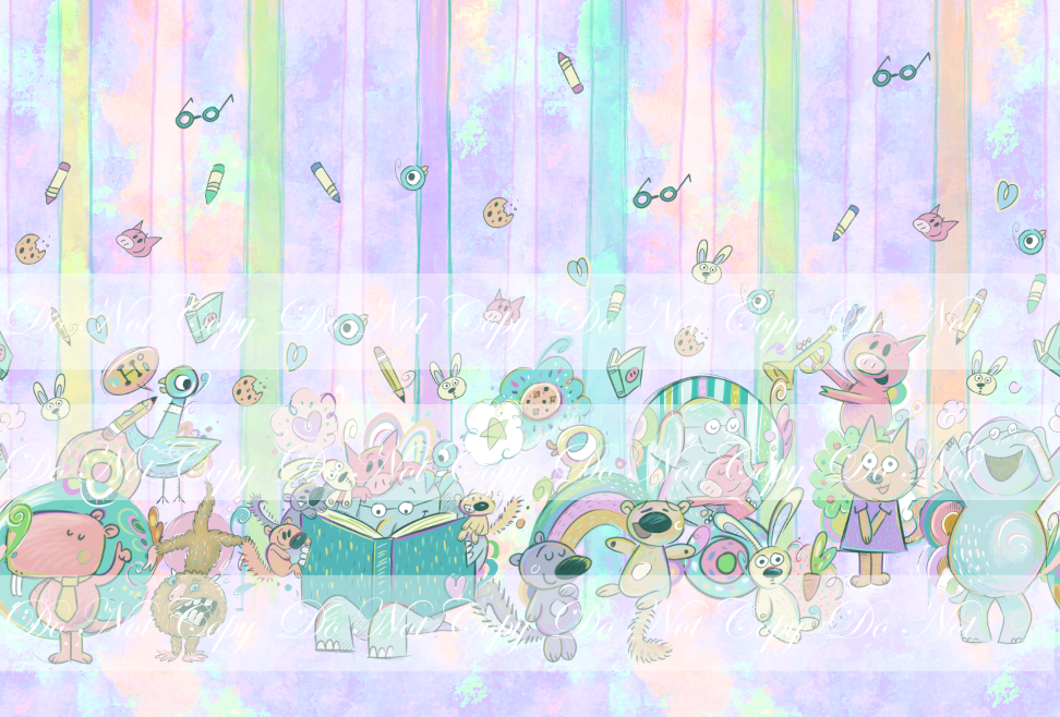 Retail R59- The Piggy, The Elephant and The Birdie- Double Border Print- Purple (Bright) Cotton Spandex