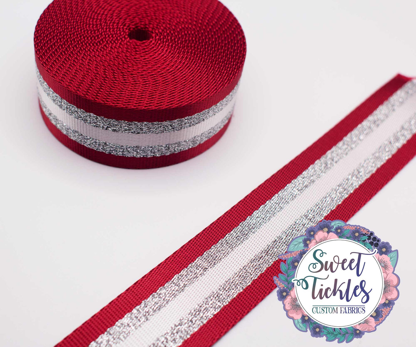 Retail Red and White Glitter Silver Stripes Webbing