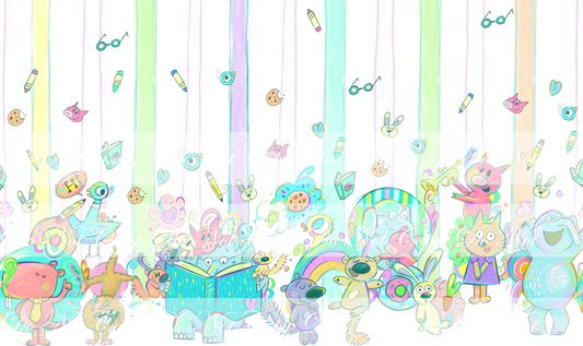 Preorder R59- The Piggy, The Elephant and The Birdie- Bright Version-Double Border Print- Purple White