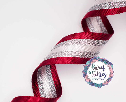Retail Red and White Glitter Silver Stripes Webbing