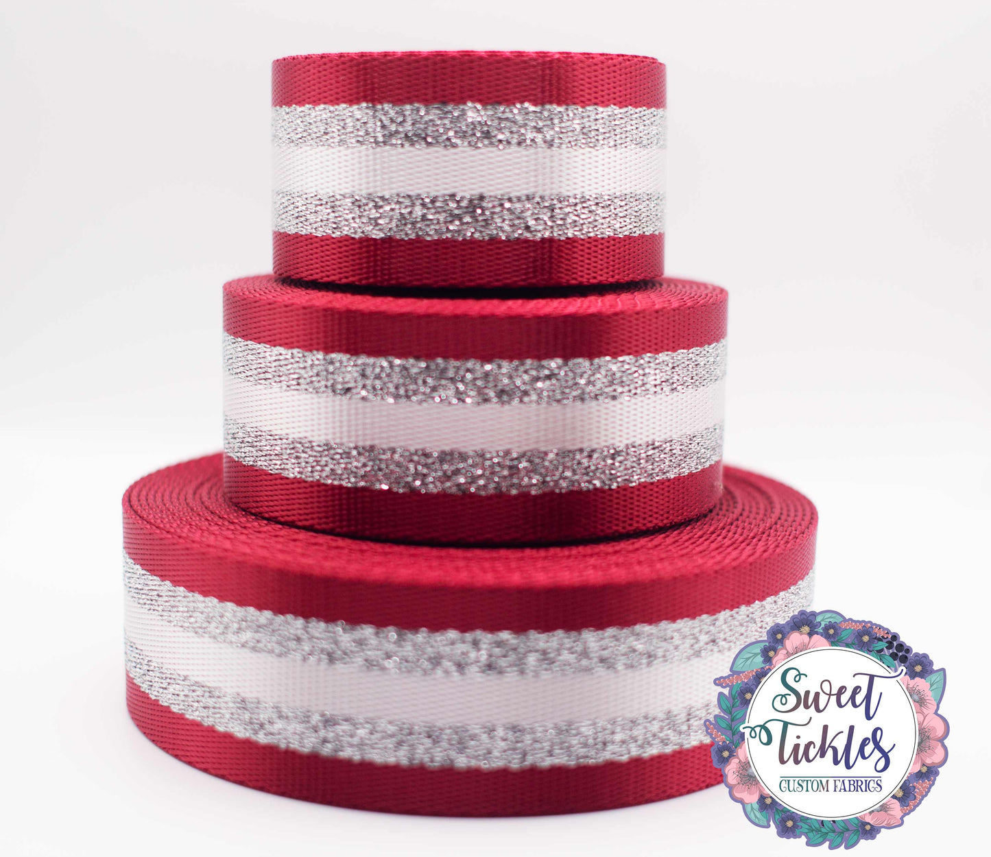 Retail Red and White Glitter Silver Stripes Webbing